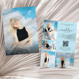 Photo Collage QR code Blue Graduation Party Invitation
