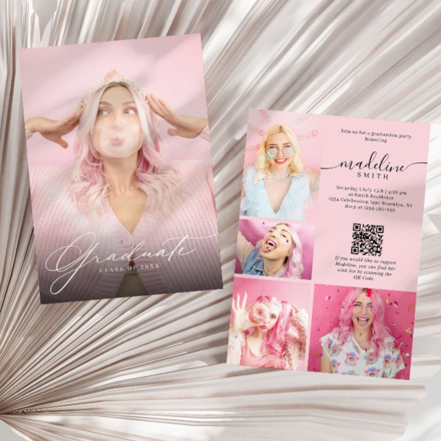 Photo Collage QR code Blush Pink Graduation Party Invitation (Creator Uploaded)