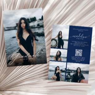 Photo Collage QR code Navy Blue Graduation Party Invitation
