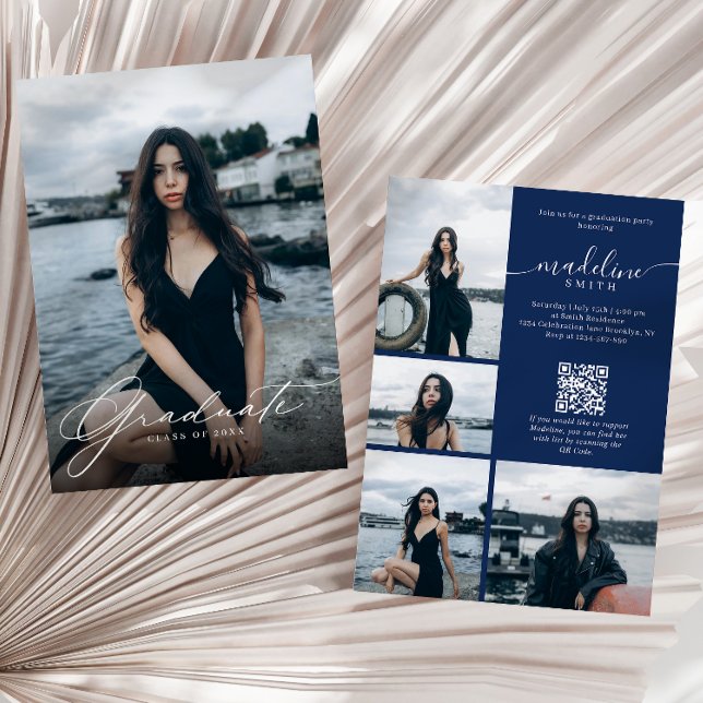Photo Collage QR code Navy Blue Graduation Party Invitation (Creator Uploaded)