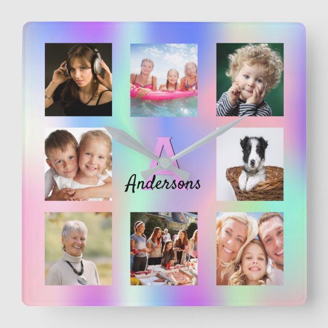 Photo collage rainbow family monogram holographic square wall clock (Front)
