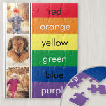 Photo Collage Rainbow Learn Colours Personalised Jigsaw Puzzle<br><div class="desc">Learning through play - personalised photo jigsaw puzzle with rainbow colours. The photo template is set up for you to add three of your favourite pictures, which will be displayed in portrait format on a black and white bordered background. The colour blocks are each lettered with the name of the...</div>