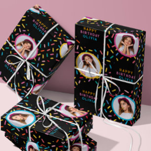 Photo Collage Rainbow Sprinkles Happy Birthday Wrapping Paper Sheet