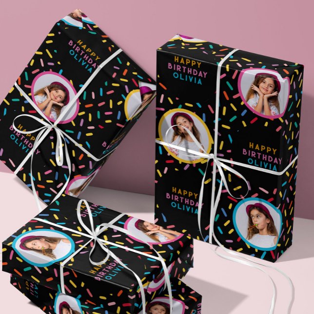 Photo Collage Rainbow Sprinkles Happy Birthday Wrapping Paper Sheet (Creator Uploaded)