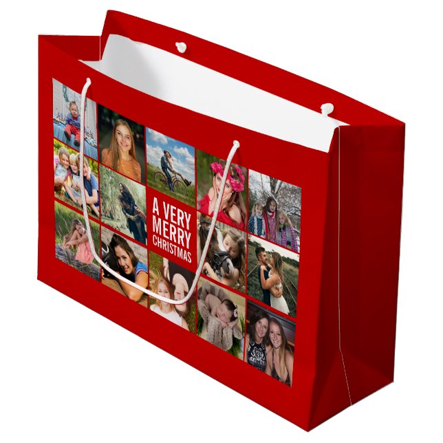 Photo Collage Red Christmas Large Gift Bag (Front Angled)