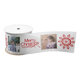 Photo collage, red snowflakes Merry Christmas Satin Ribbon