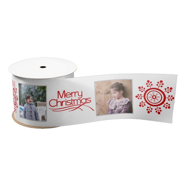Photo collage, red snowflakes Merry Christmas Satin Ribbon (Spool)