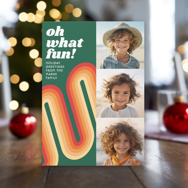 Photo Collage - Retro Stripes Curve - Oh What Fun Holiday Card (Retro Stripes with 3 photos - online Christmas card in green and orange - print and download options)