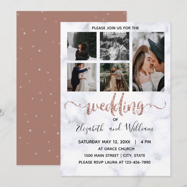 Photo Collage Rose Gold Glitter Calligraphy Pretty Invitation (Front/Back)