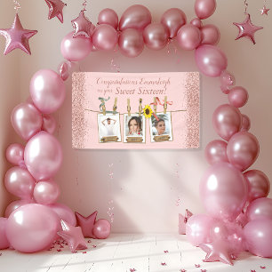 Photo Collage Rose Gold Glitter Sweet 16 Birthday Banner