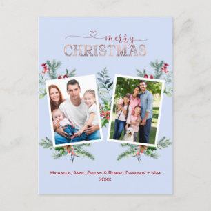 Photo Collage Rose Gold Green Merry Christmas Holiday Postcard