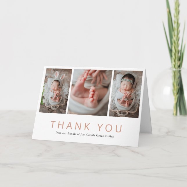 Photo Collage Rose Gold Pink Girl Baby Shower Thank You Card (Front)