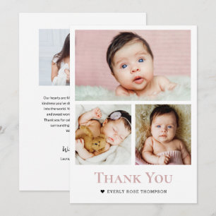 Photo Collage Rose Gold Pink Girl Baby shower  Thank You Card
