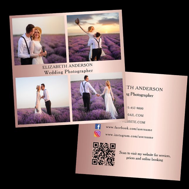 Photo collage rose gold QR code social media Square Business Card (Creator Uploaded)