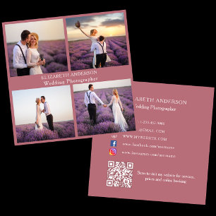 Photo collage rose gold QR code social media Square Business Card