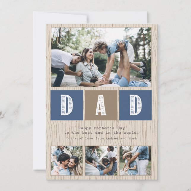 Photo Collage Rustic Wood Pattern Father's Day Card (Front)