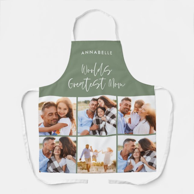 Photo collage sage green girly modern mothers day apron (Front)