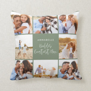 Photo collage sage green girly modern mothers day  cushion
