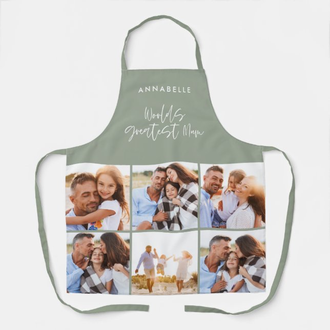 Photo collage sage green modern mum mothers day apron (Front)