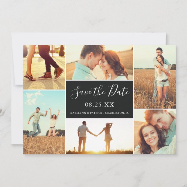 Photo Collage Save the Date Flat Card | Ebony (Front)