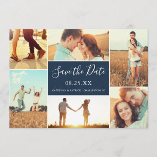 Photo Collage Save the Date Flat Card Navy Blue