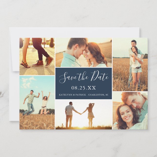 Photo Collage Save the Date Flat Card | Navy Blue (Front)