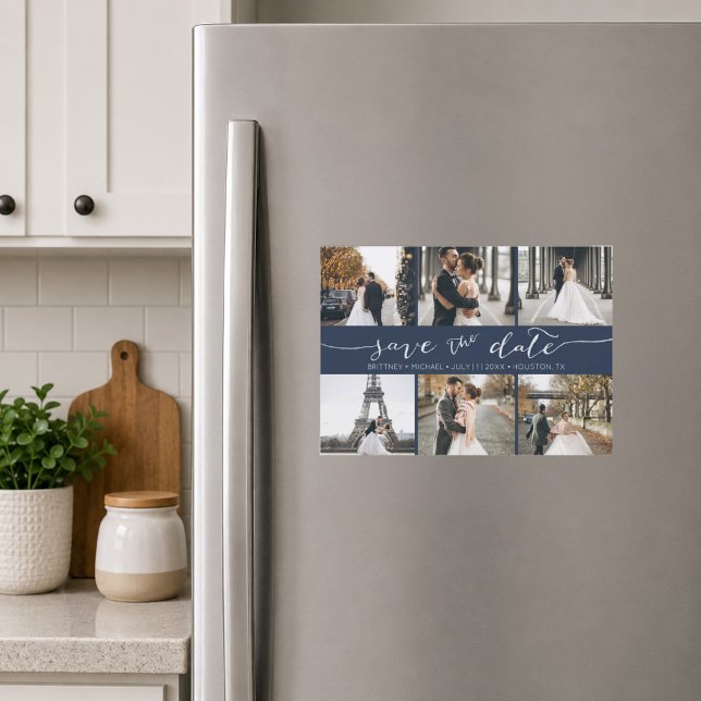 Photo Collage Save the Date Navy Blue (Classic navy blue six photo save the date magnet featuring elegant handwritten script typography)