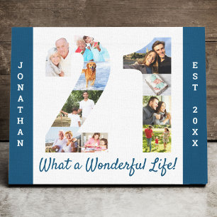 Photo Collage set in Number 21 Blue White Custom Canvas Print