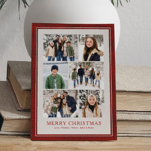 Photo collage simple red checked frame Christmas Holiday Card