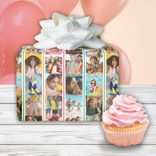 Photo Collage Simple Stripes Birthday Wrapping Paper