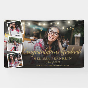Photo Collage String Lights Gold Graduation Party Banner