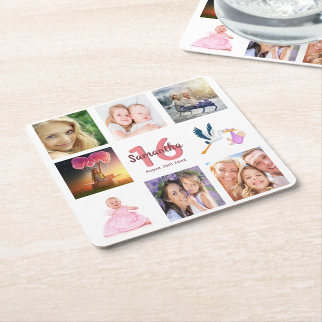 Photo collage Sweet 16 Square Paper Coaster (Angled)