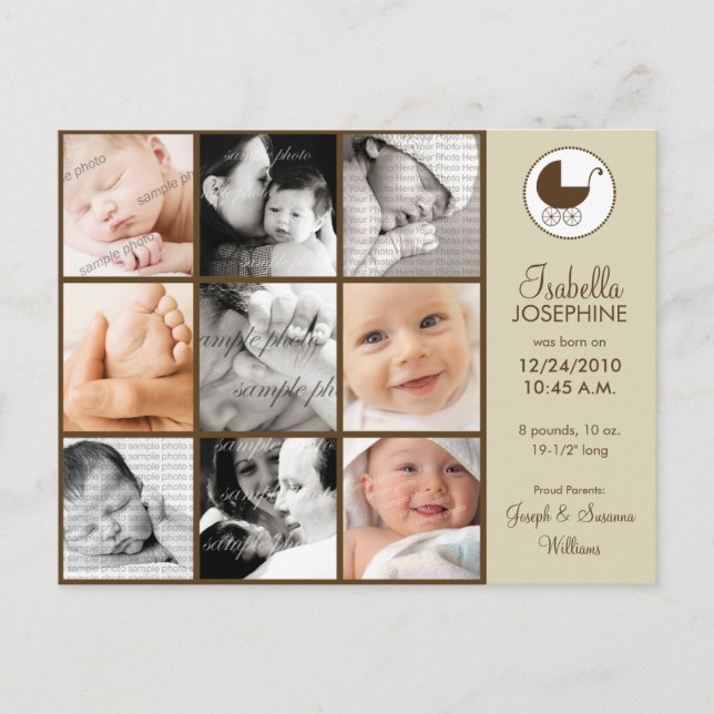 Photo Collage Taupe Baby Birth Announcement Postcard (Front)