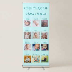 Photo Collage Teal First Birthday Milestone Retractable Banner