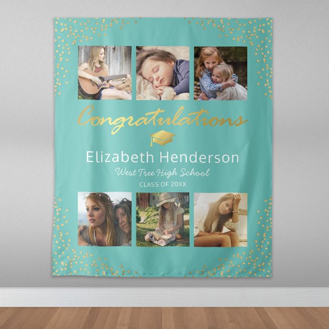Photo Collage Teal Gold Graduation Backdrop Tapestry (Creator Uploaded)