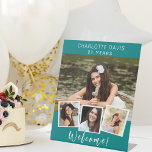 Photo collage teal green birthday party welcome pedestal sign<br><div class="desc">Create your own unique photo collage. Use four,  4 of your favourite photo. Personalise and add a name and age. Teal,  green coloured background,  white text.</div>