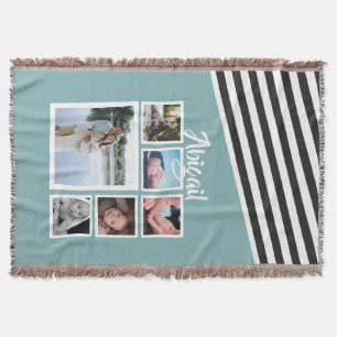 Photo Collage Teal Striped Unique Personalised Throw Blanket