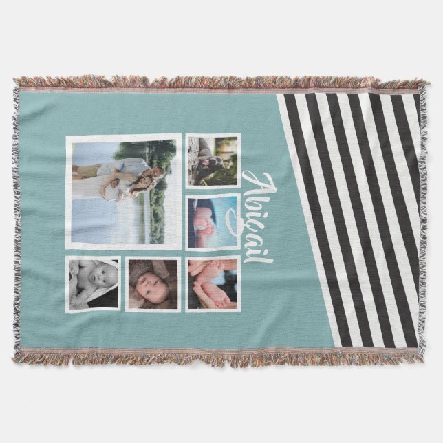 Photo Collage Teal Striped Unique Personalised Throw Blanket (Front)