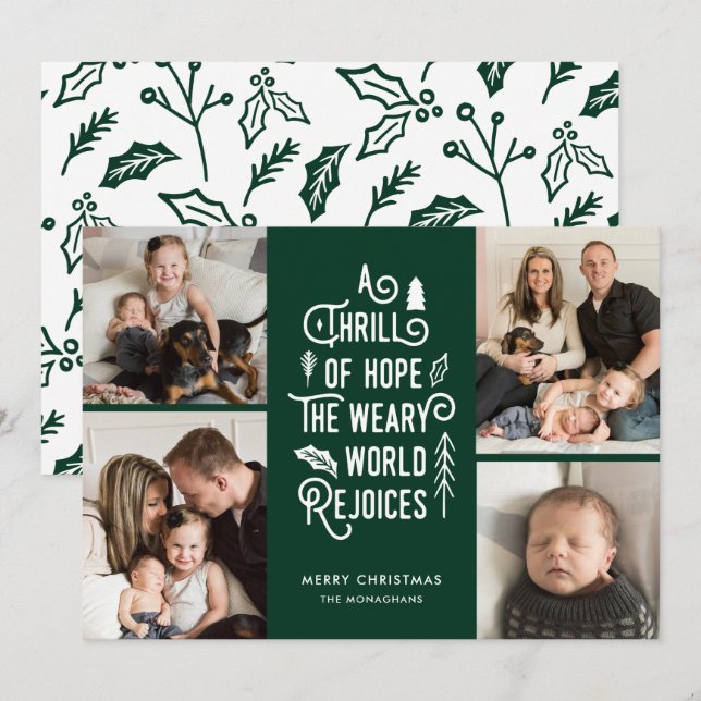Photo Collage Thrill Of Hope Photo Christmas Green Holiday Card (Front/Back)