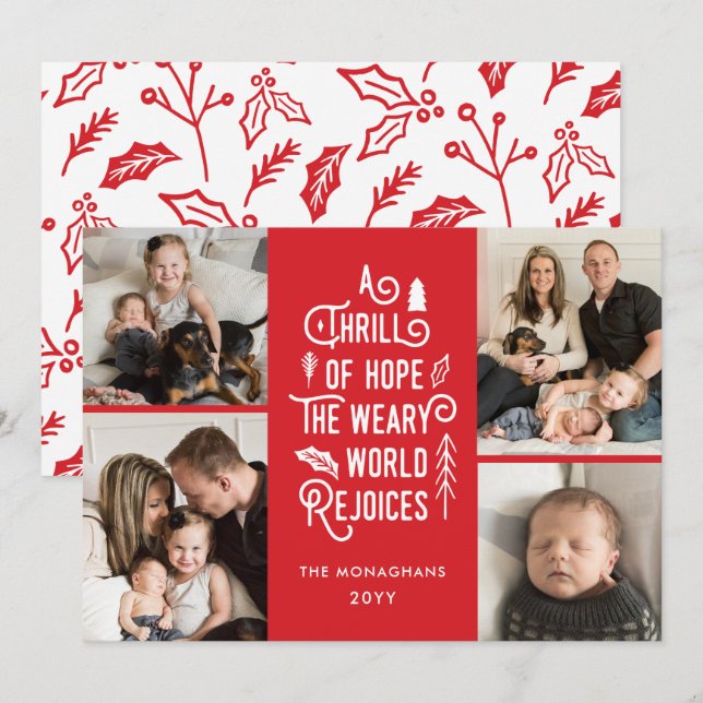 Photo Collage Thrill Of Hope Photo Christmas Red Holiday Card (Front/Back)