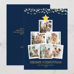 Photo Collage Tree Blue String lights Christmas Holiday Card