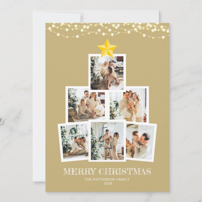 Photo Collage Tree Gold String lights Christmas Holiday Card (Front)