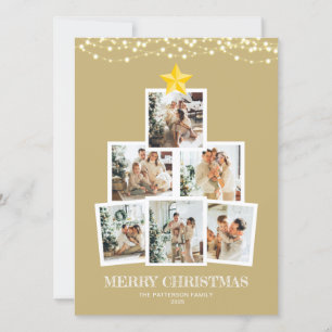Photo Collage Tree Gold String lights Christmas Holiday Card