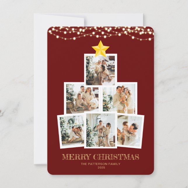 Photo Collage Tree Red String lights Christmas Holiday Card (Front)