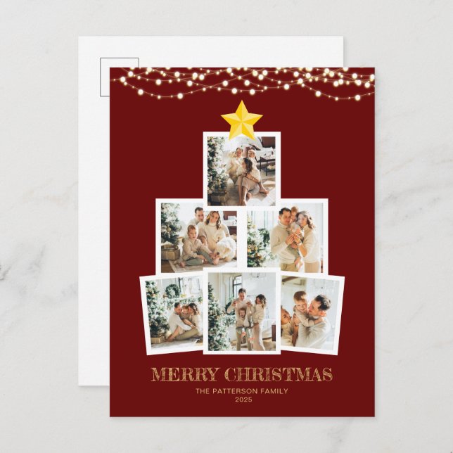 Photo Collage Tree Red String lights Christmas Holiday Postcard (Front/Back)