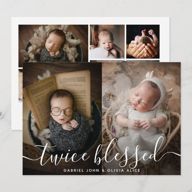 Photo Collage Twice Blessed Overlay Twins Birth Announcement (Front/Back)