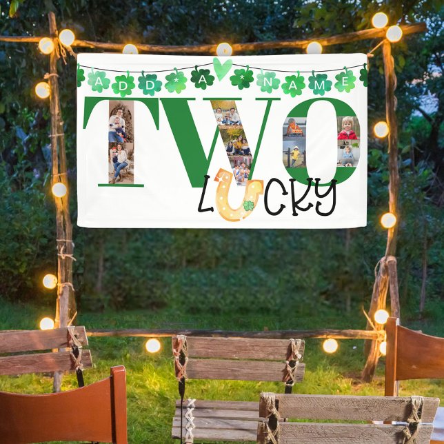Photo Collage Two Lucky Custom 2nd Birthday Party Banner (Two Lucky Irish St Patricks Day Themed Banner for 2nd Birthday Party)