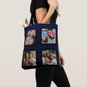 Photo Collage Unique Personalise 4 Photo NAVY BLUE Tote Bag