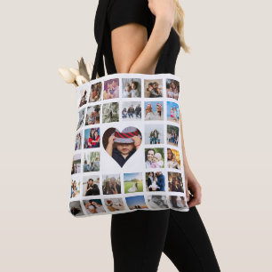 Photo Collage Unique Personalised 33 Photo Heart Tote Bag