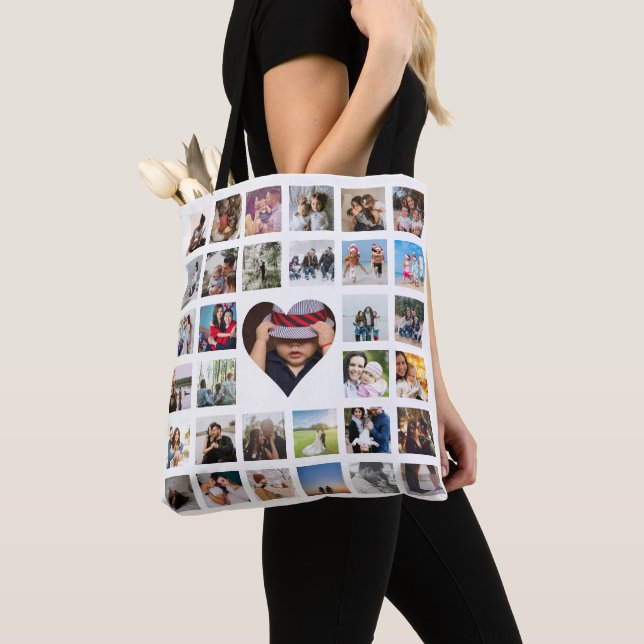 Photo Collage Unique Personalised 33 Photo Heart Tote Bag (Close Up)